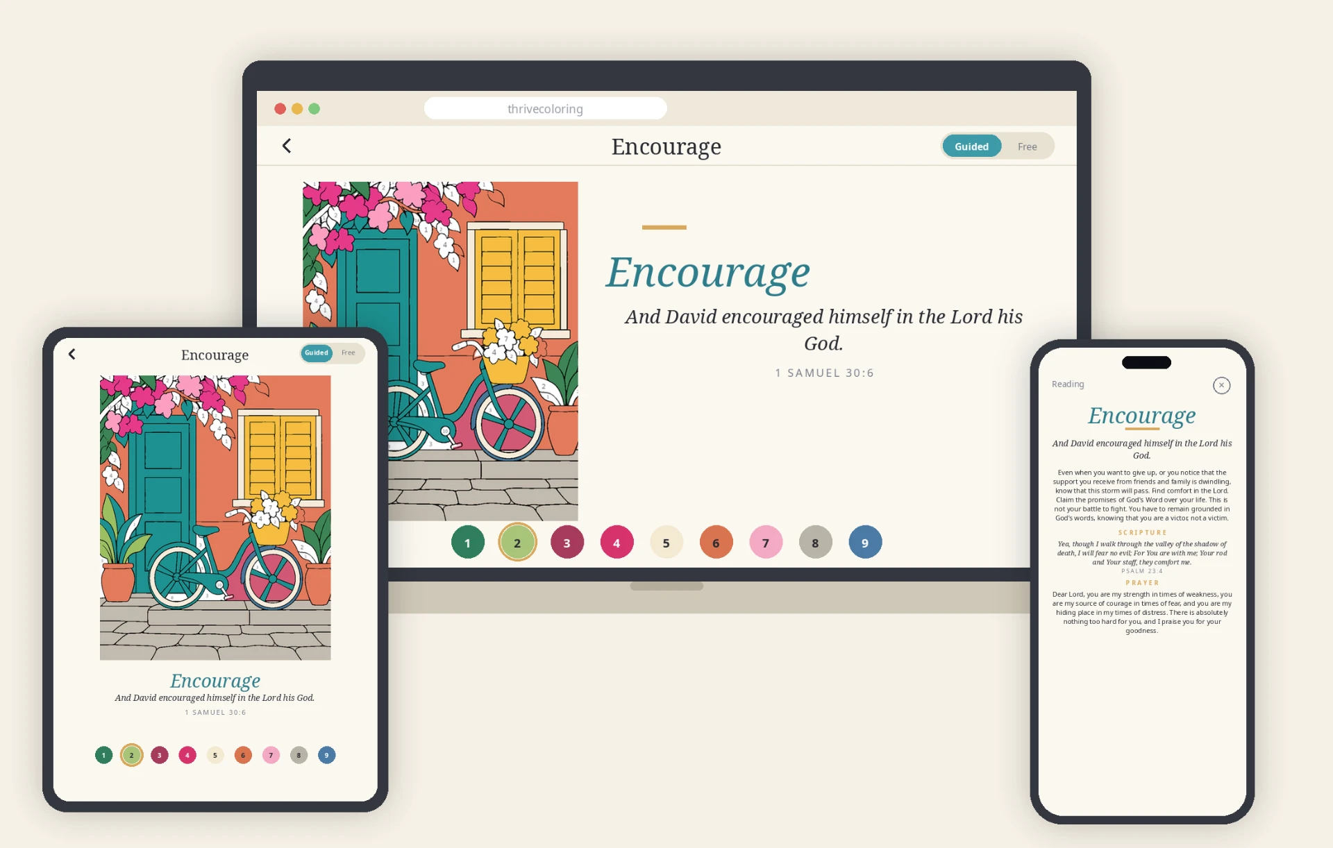 THRIVE open on a laptop, iPad and phone, showing the Encourage coloring page and devotional reading